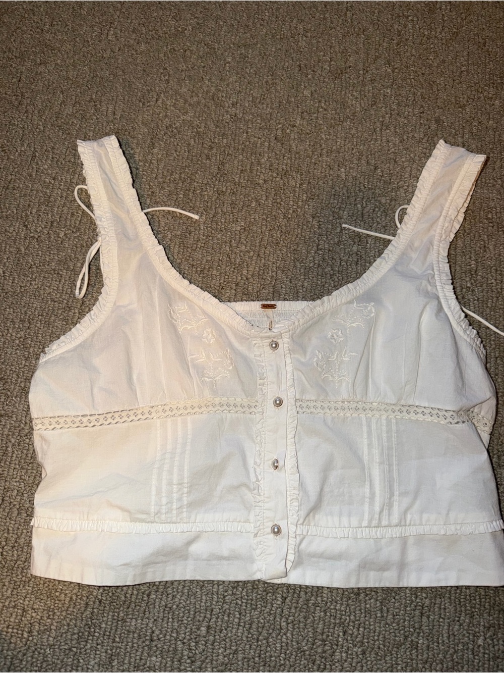 Free People White Embroidered Button-Front Crop Tank